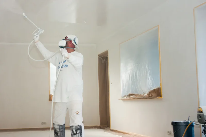 Airless spuitwerk aan een glad plafond met zorgvuldig afgeplakte ramen en deuren